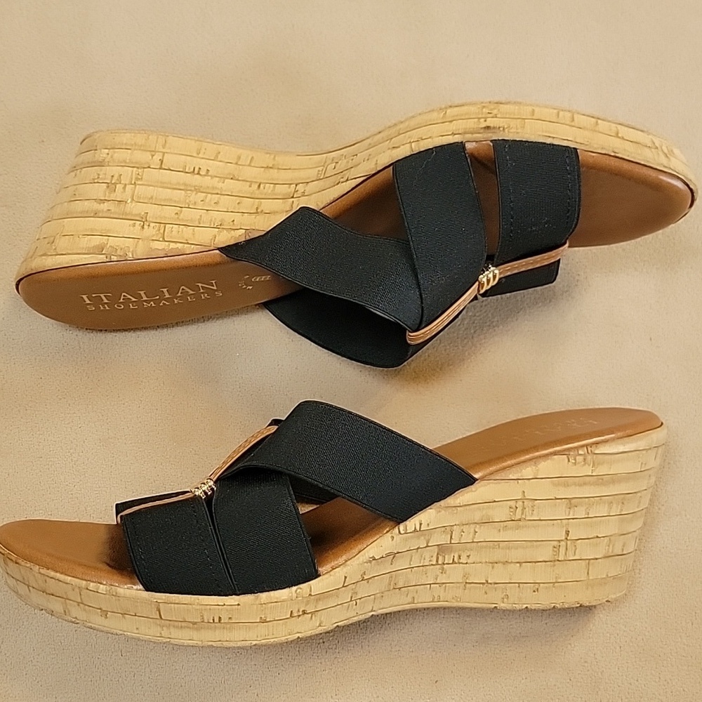 Italian Shoemakers Black Stretch Strap w/ Brown Accent Wedge Sandal Size 11 NWOT - Picture 4 of 8